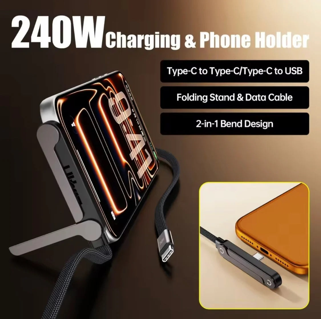 240W Type-C Charging Cable with Folding Phone Stand