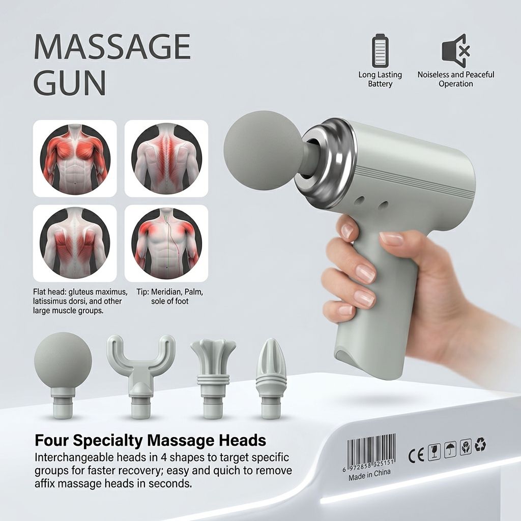 Portable Electric Massage Gun – 4 Interchangeable Massage Heads