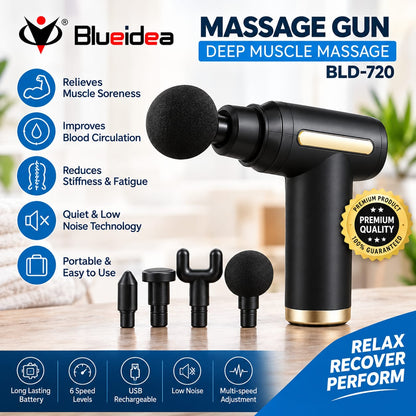 Blueidea BLD-720 Massage Gun | Portable Percussion Muscle Massager with 4 Massage Heads & USB Rechargeable Design (Big Box)